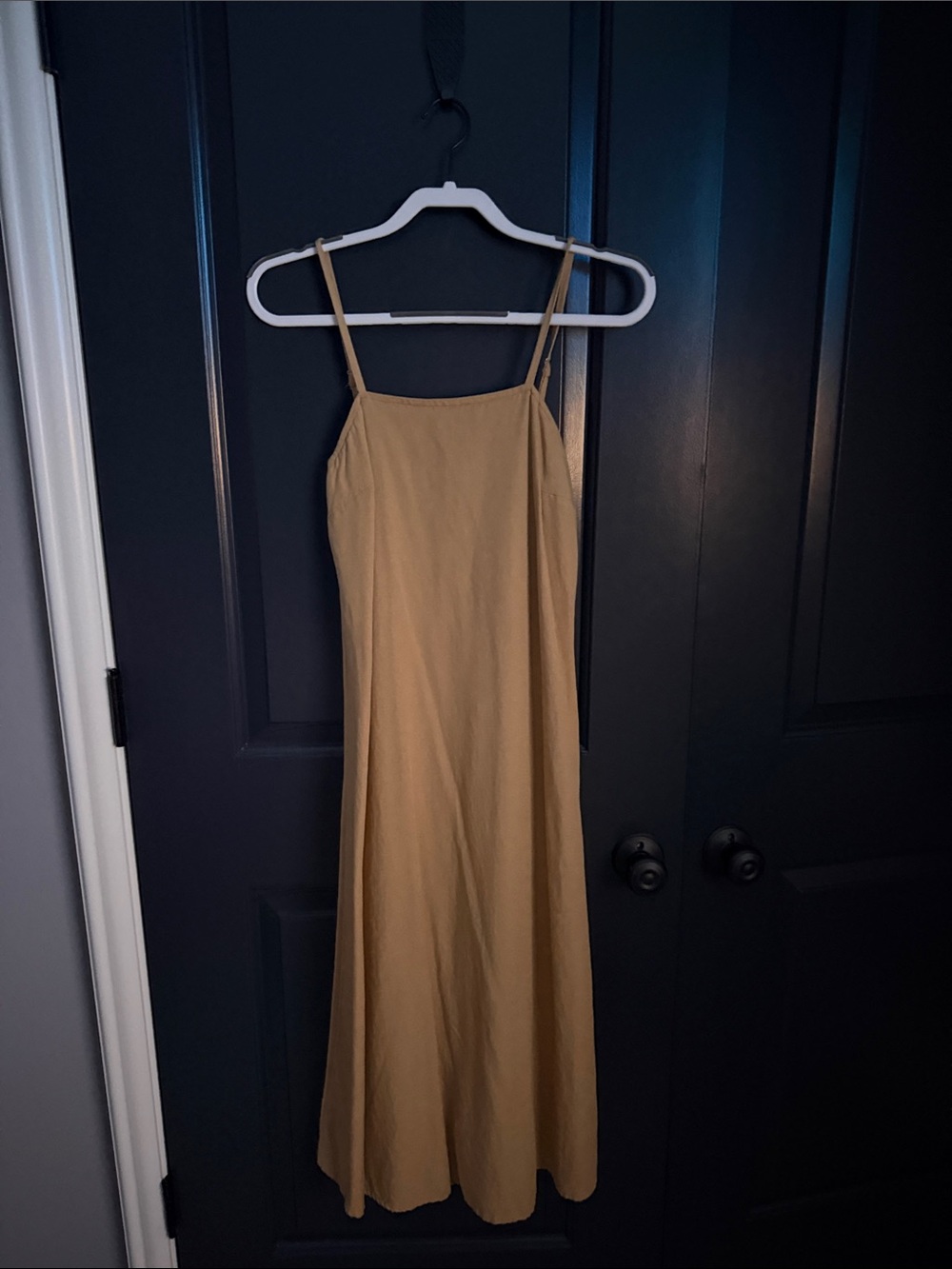 Japna Linen-Blend Square Neck Cami Dress in Camel-size Medium